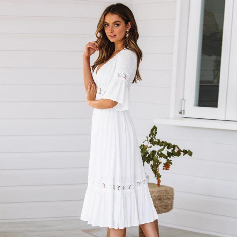 

Summer Fashion Women White Dress lace Long Sundress Sexy Crochet Long Tunic Beach street Dress, As pic