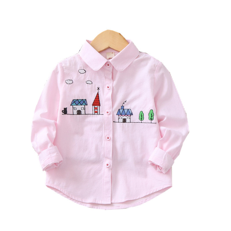 

Small House Embroidered Children's Shirt 2020 Spring Children's Wear Long Sleeve Girls' Shirt, Pink