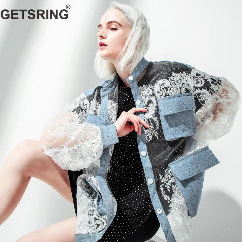 

GETSRING Women Jacket Lace Stitching Denim Jacket Perspective Sexy Jean Womens Loose Sunscreen Tops Fashion Women Coat, Blue