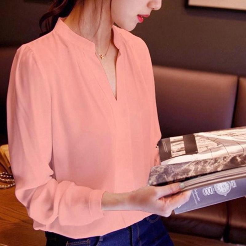 

Fashion Women Blouse Top Solid Color V Neck Stand Collar Long Sleeve Shirt Bottoming Top Office Blouse, Green