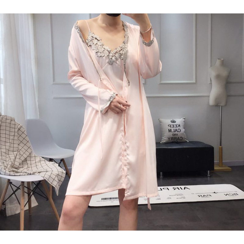 

2019 Pajama set three-piece sexy sling shorts robe summer ice silk home service pyjamas set women with chest pad sleepwear, Pink