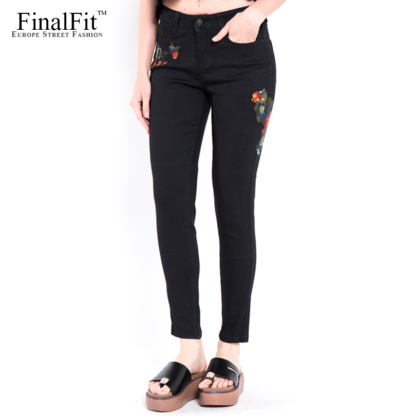 

FinalFit Plus Size Black High Waist Embroidery Jeans Women, Female Pencil Skinny Jeans Pants