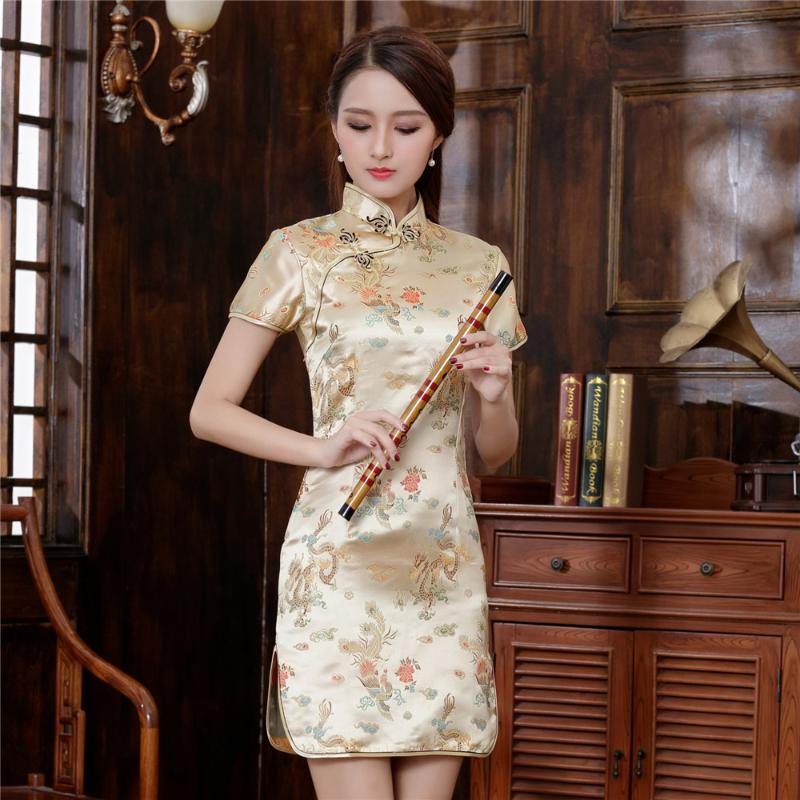 

Chinese Vintage Women Cheongsam GOLD Novelty Girl Prom Party Dress Mini Slim Vestidos Traditional Asian Qipao Oversize XXXL