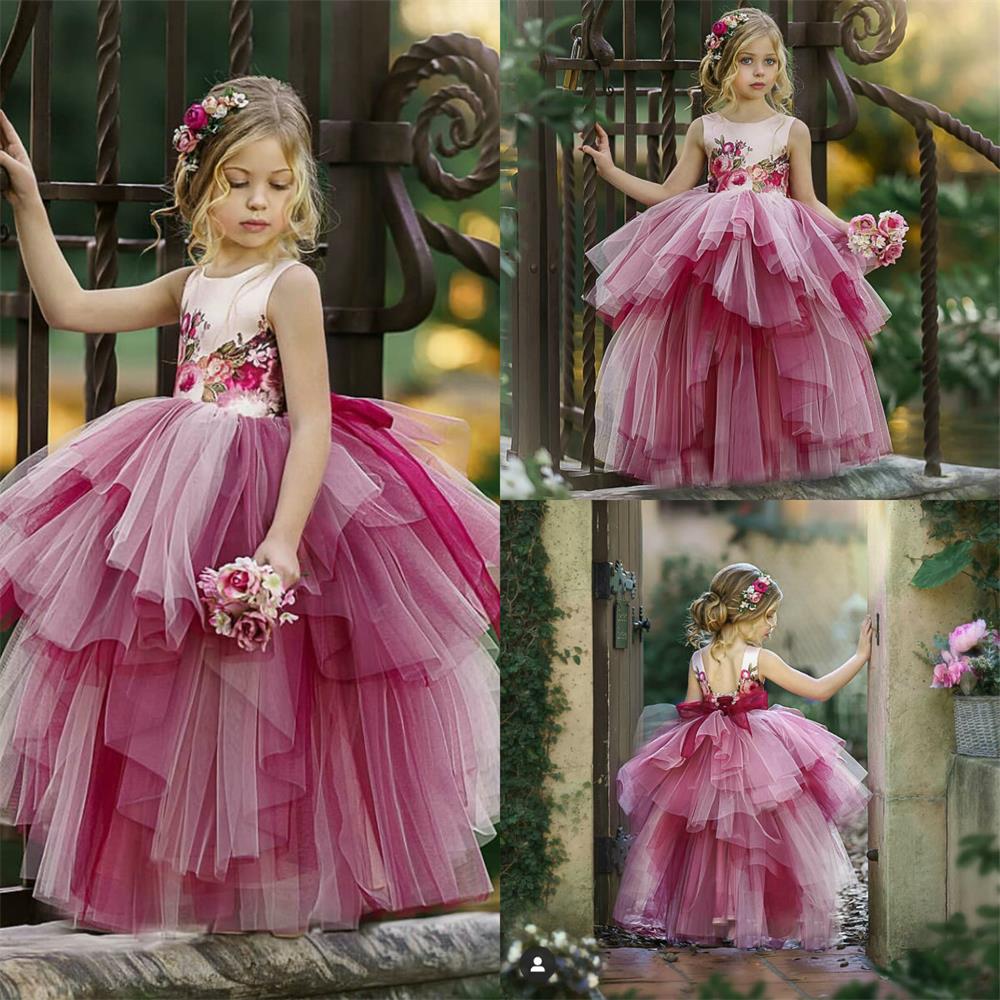 2020 Coloré Fleur Fille Robes Pour Le Mariage Tulle Appliqued Princesse Filles Pageant Robe à volants jupe Custom Made enfants D'anniversaire Rob