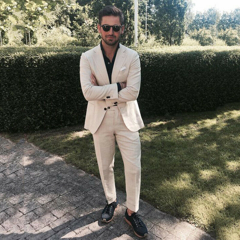 Summer Linen Groom Wedding Suits Mens Slim Fit Two Button Formal Work Prom Outside Party Office Blazer Jacket(Jacket+Pants)