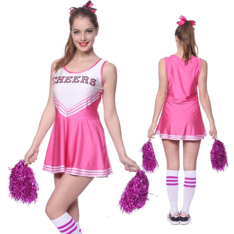 

School Girl Cheerleader Costume Cheer Uniform Cheerleading Dress With Pom Poms Girls Musical Party Halloween Sports Fancy Dress