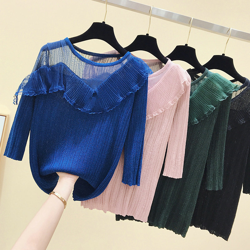 

2020 Summer New Korean-style Gauze Joint Lace Shirt Women's Elegant Tops Falbala Short Sleeve Knitting shirts Basic Tee, Black