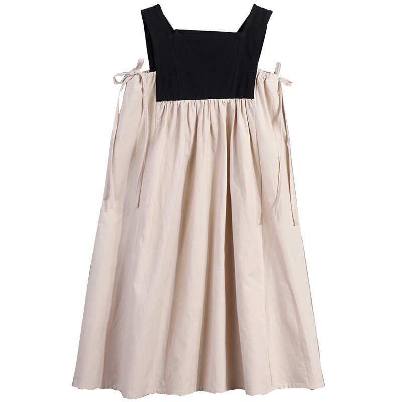 

4 to 14 years kids & teenager girls summer color block cotton casual flare midi dress girl sleeveless square collar vest dress, Black