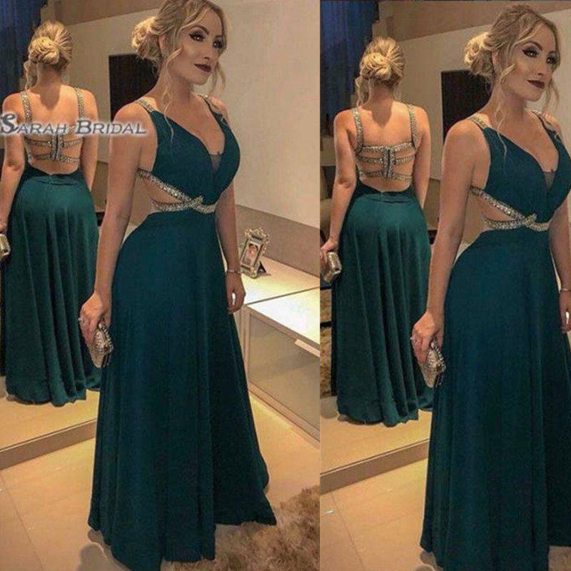 

Backless Chiffion Beads Elegant Sexy V-neck Prom Dresses Sleeveless High End Quality Evening Party Dress Hot Sales, Olive