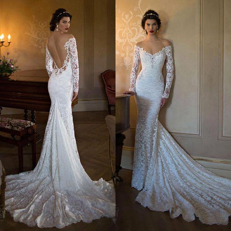 

2018 New Mermaid Wedding Dresses Long Sleeves Off Shoulder Full Lace Bridal Gowns Vestios De Novia Wedding Gowns with See Through Back, Black