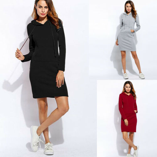 

Winter Women Female Lady Casual Sport Active Cool Solid Plaid Pullover Hooded Long Dress Hoodie Sweatshirt Dress Bodycon, Black