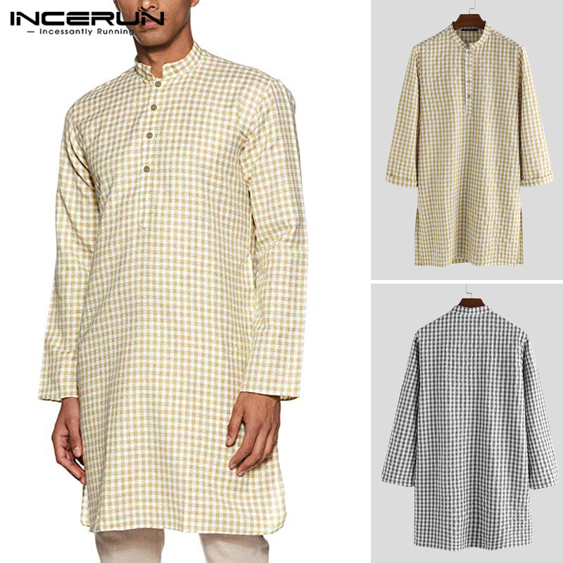 

INCERUN Men Clothes Plaid Shirt Long Sleeve Streetwear Kurtas Stand Collar Retro Casual Muslim Tops Mens Long Shirts 2020, Black