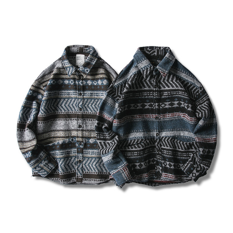 

Fashion Men Coat National Mens Woolen Jacket New Japanese Original Style for Autumn and Winter Casual Turn-down Collar Print, Blue