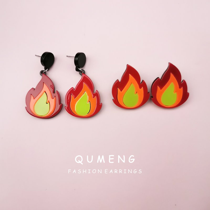 

Stud QUMENG 2021 Sweet Cute Acrylic Fire Flame Geometric Earrings For Women Girls Hip Hop Nightclub Party Punk