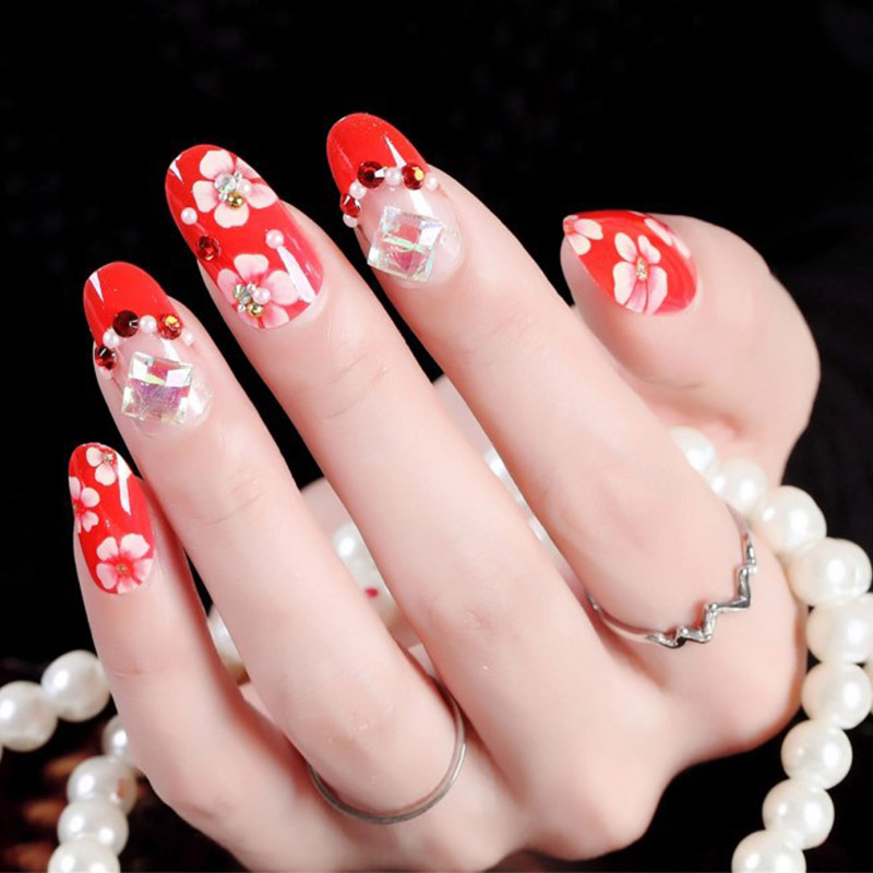 

24pcs/box back Adhesive Bride Manicure Finished Red Fake Nails press on Shiny Diamond Flower Decoration False Nail tips Patches, As show