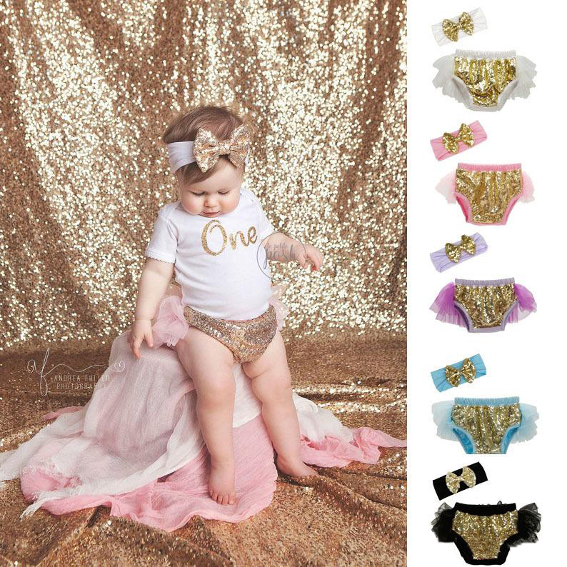 

Ruffle Baby Sequins Tutu Bloomer Baby Girls shorties Newborn Outfit Chiffon Ruffle Diaper Cover Sequins Pattern Girls Bloomer with headband, Mixed color