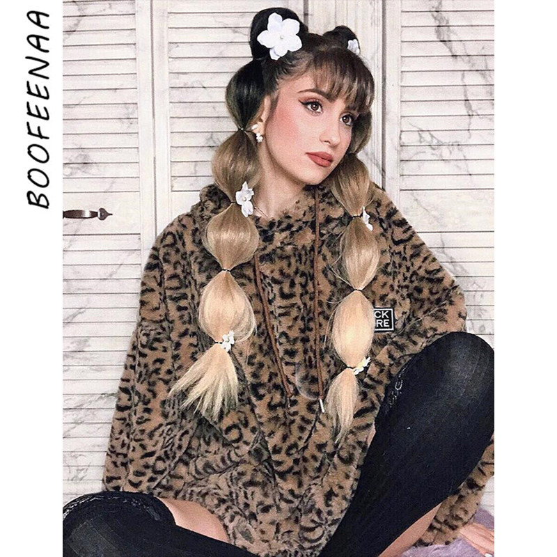 

BOOFEENAA Cute Leopard Print Oversized Hoodie Women Clothes Winter Fleece Pullover Baggy Hooded Sweatshirts C77-44, As pic