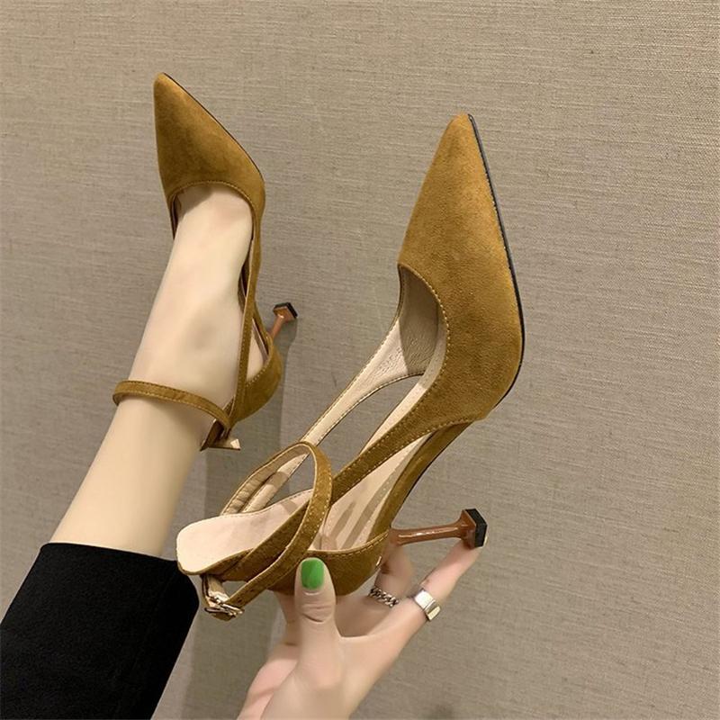 

Shoes Woman 2020 Spring 8cm High Heels Slingbacks Shoes Female Thin High Heels Pint Toe Flock Women's Summer Sandals Pumps, 1 black