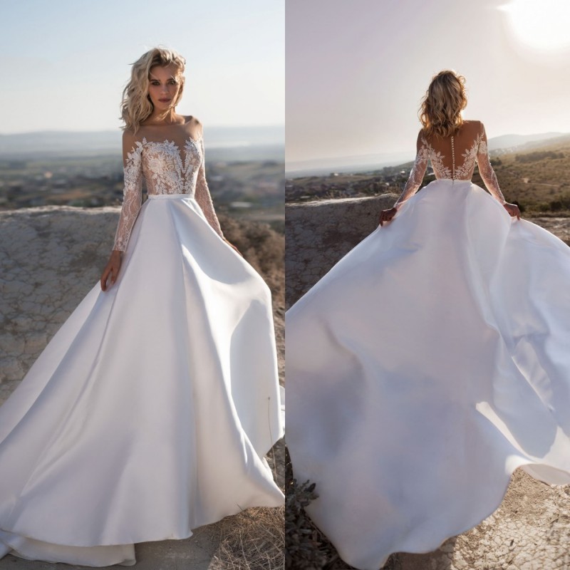 

2019 A Line White Wedding Dresses Sheer Jewel Neck Long Sleeve Boho Wedding Dress Custom Plus Size Cheap Lace Bridal Gowns Sweep Train, Red