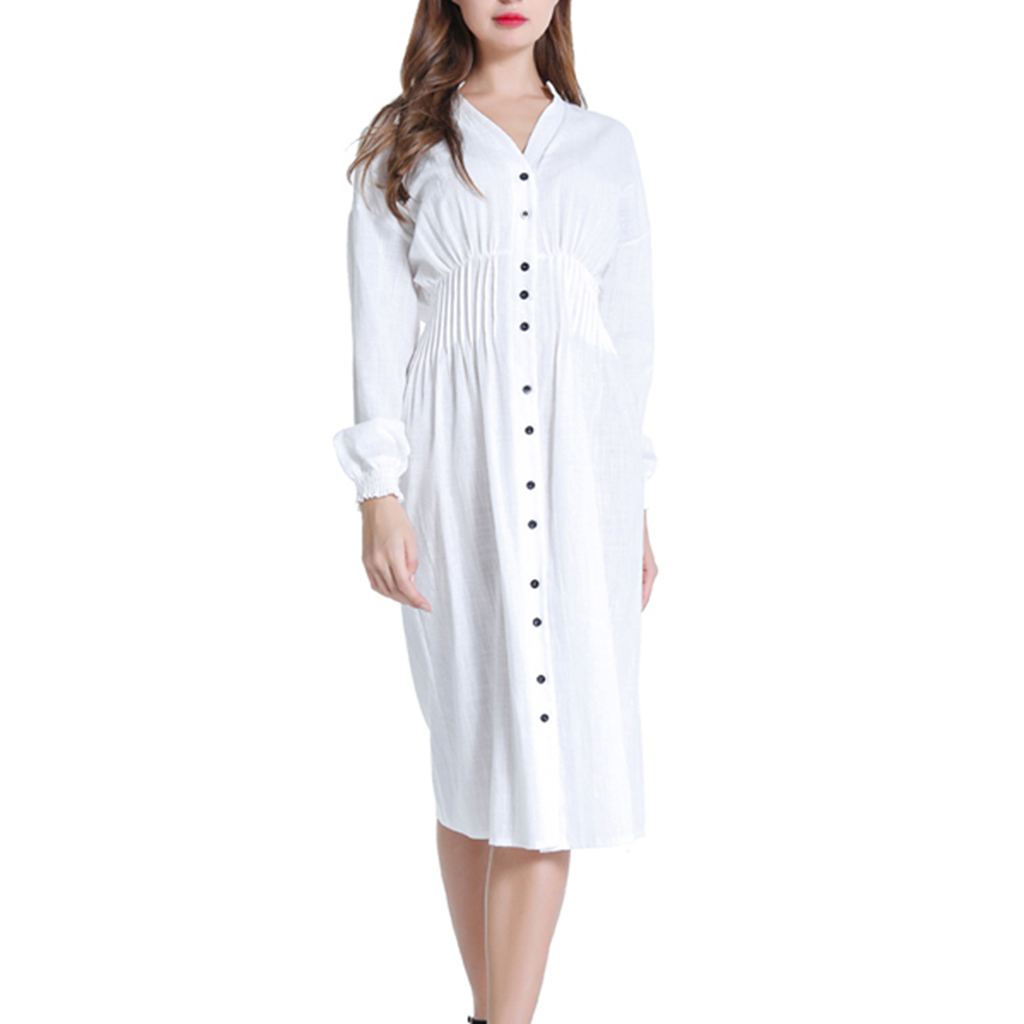 

Women Long Sleeve Midi Shirt Dress Work Party Casual Shift Tunic Dress White