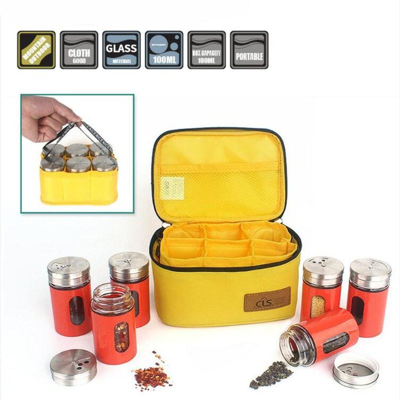 

HobbyLane 6Pcs Spice Jar Set Cruet Condiment Stainless Steel Seasoning Box Salt Pepper Shakers Camping BBQ Tool with Storage Bag