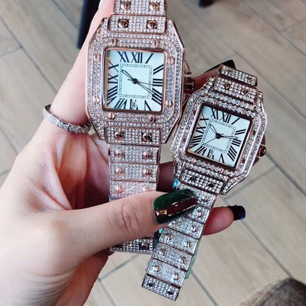 

Fashion Couple Men Women Lovers watches gold watch Stainless Steel band full diamond Quartz Wristwatches For men's Ladies Relogio Feminino