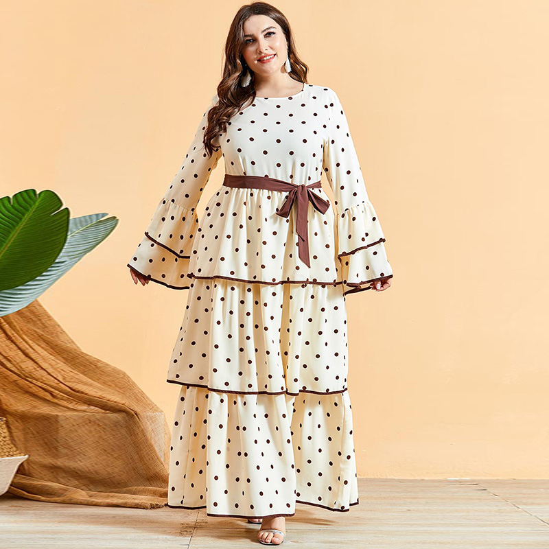

Polka Dot Print White Muslim Abaya Dress Plus Size Women Flare Long Sleeve Layers Elegant Dress Maxi Long Islamic Clothing