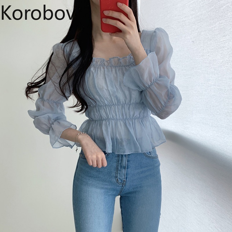 

Korobov Sexy Square Collar Blouse Women Pullover Puff Long Sleeve Slim Blusas Korean Perspective Chiffon Shirts, Blue