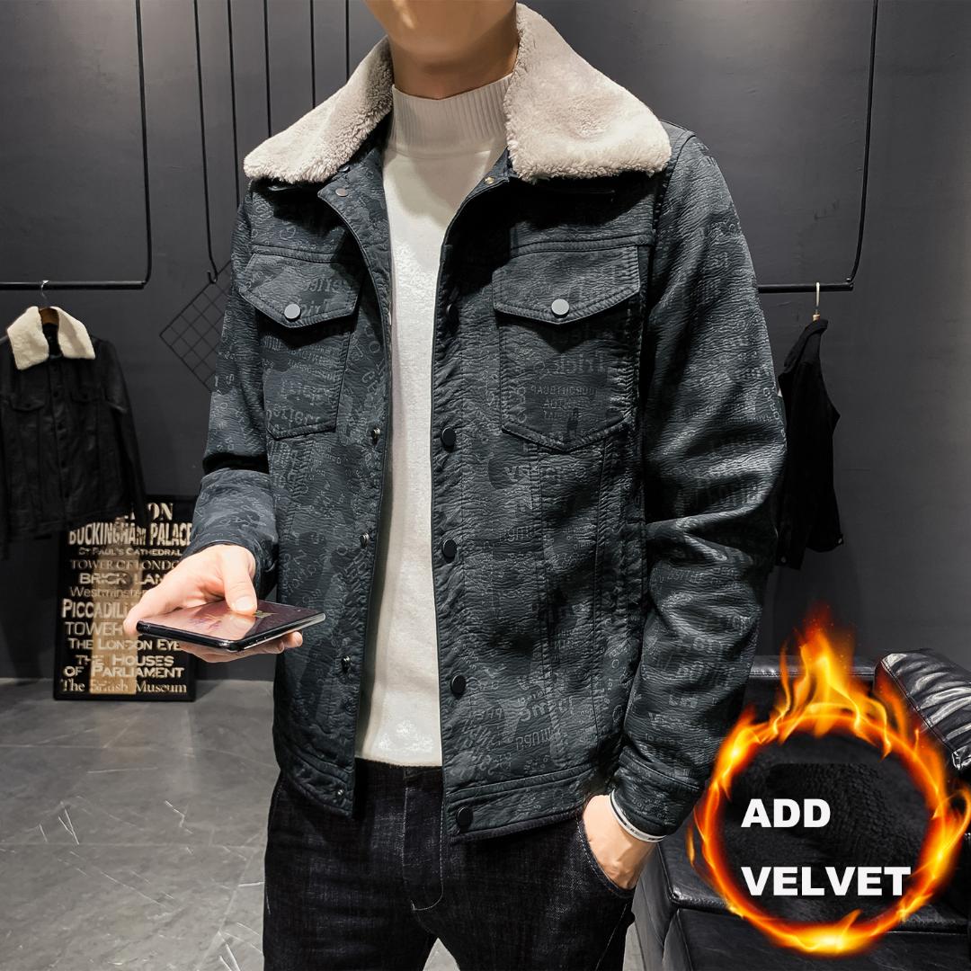 

Gzdeerax Faux Leather Mens Coats Winter Camouflage Letter Printed Mens Jackets And Coats Fur Collar Add Velvet Slim Man, Green