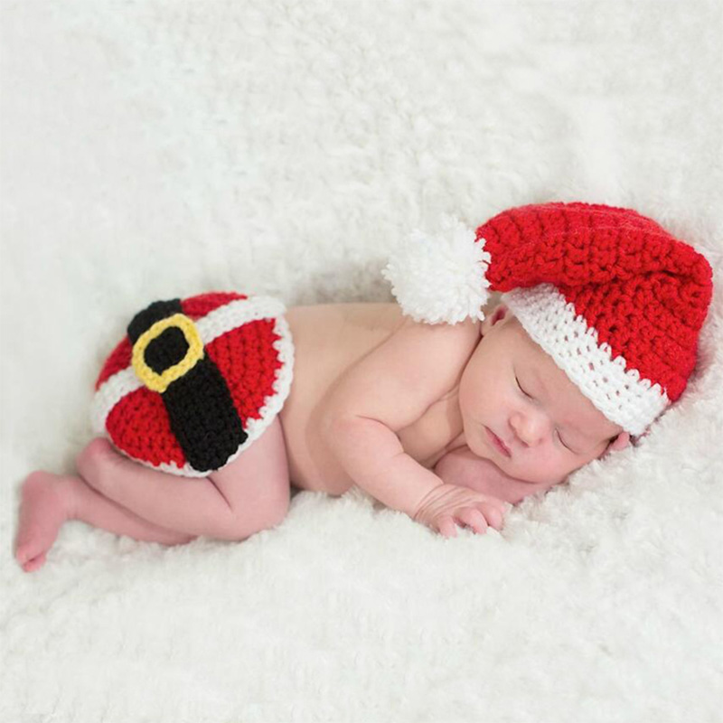 

New Christmas newborn props baby new crochet pom pom hat infant Xmas Santa costume cute toddler photo shoot accessories fashion, Red