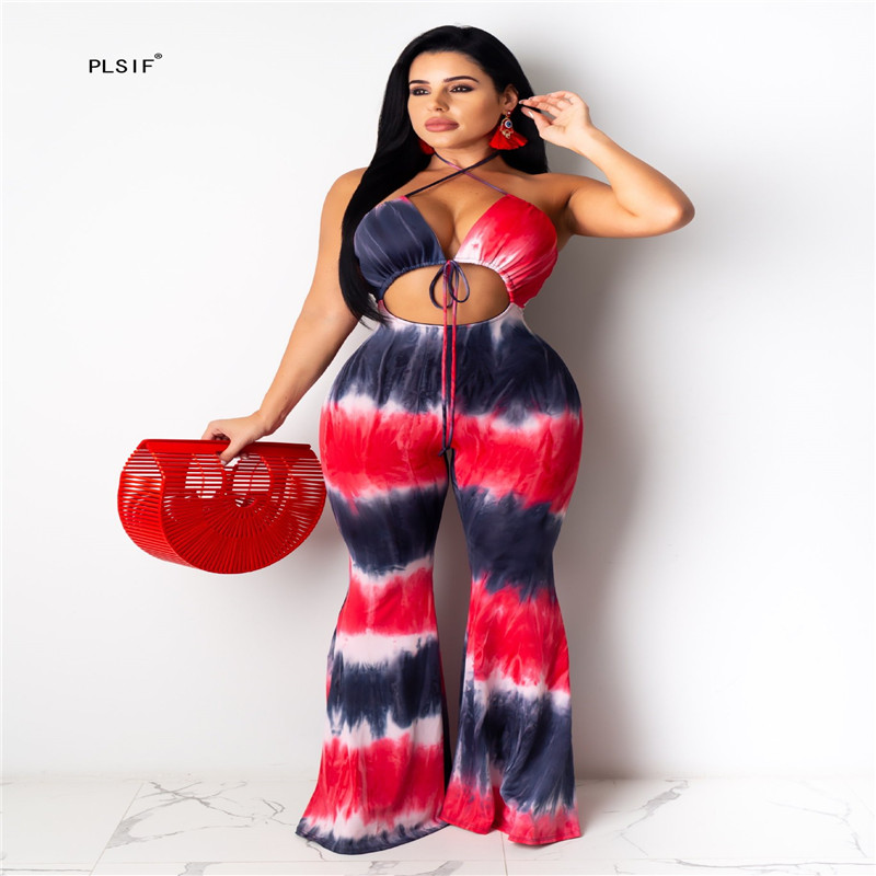 

2020 style sexy hollow out design lady beach style jumpsuits fashion flare pants tie dye print rompers sexy charming overall, Black
