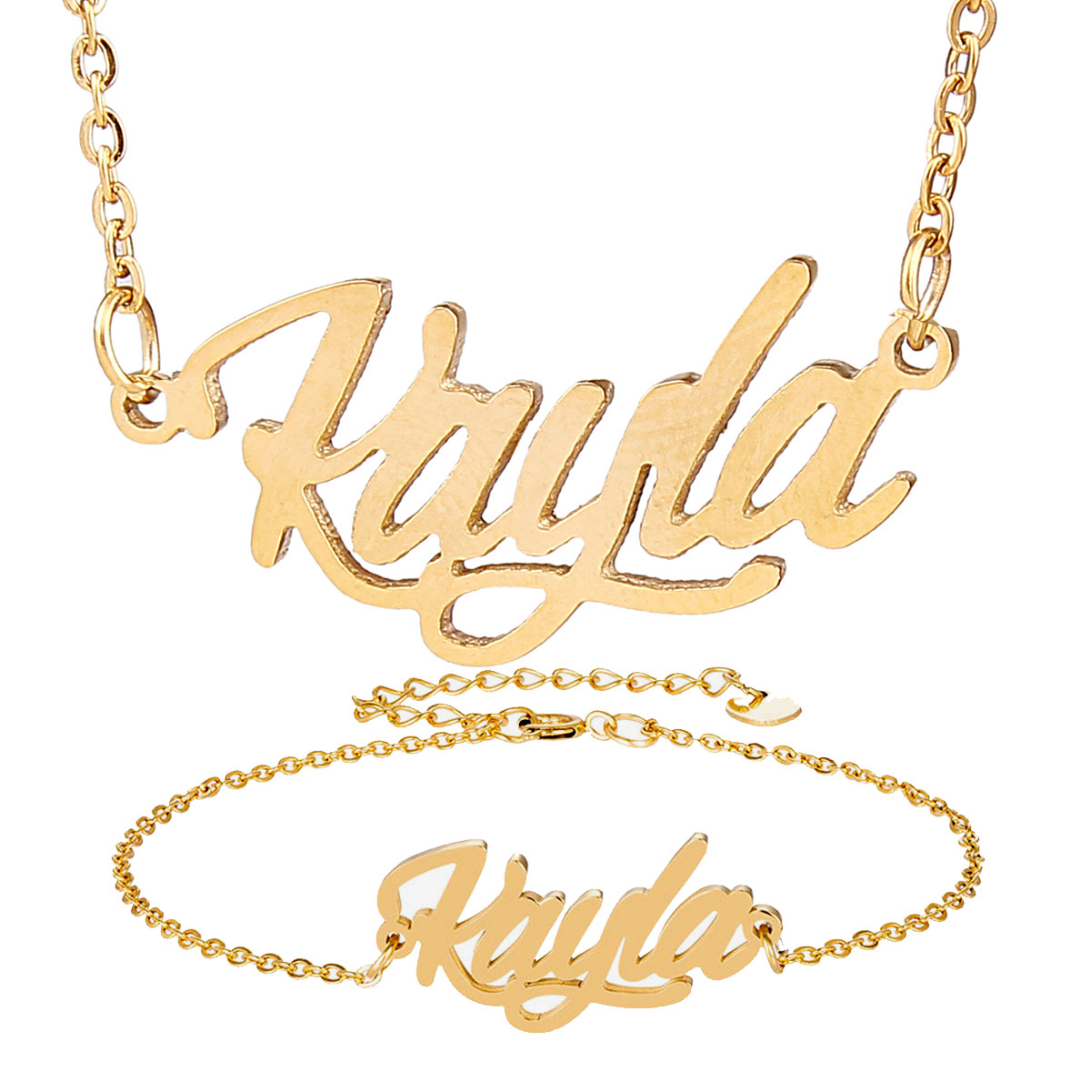 18k Gold-Plated Stainless Steel Name Necklace Bracelet Set Women Kayla Script Letter Gold Choker Chain Necklace Pendant Nameplate Gift for her-image-456566249