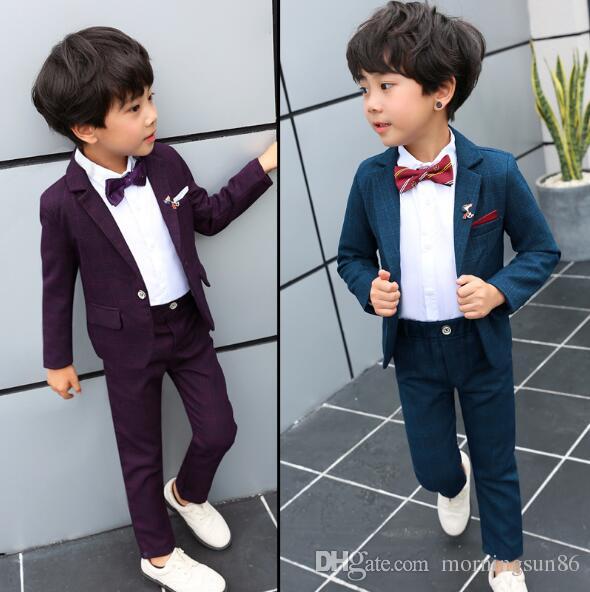

Hot sale Children's clothing spring and autumn a boy's suit Korean version handsome chequer new year suit three-piece set Coat Shirt Pant, Burgundy