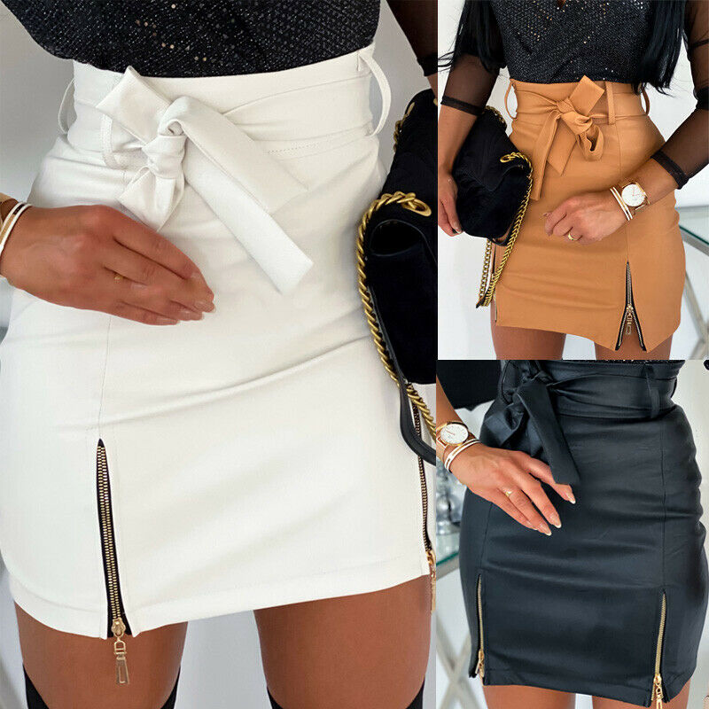 

Sexy Women Black PU Leather Pencil Bodycon Skirt Double Zipper High Waist Mini Short Skirt Belt Clubwear Khaki