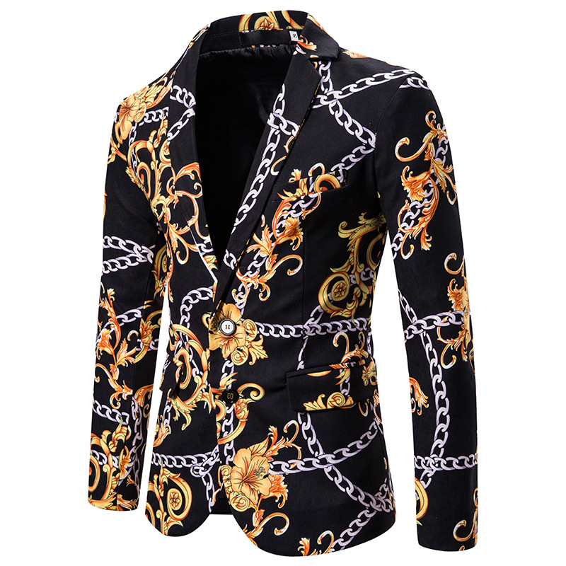 Men's Suits & Blazers Mens Fashion Gold Chain Printed Jackets Coats Single Breasted Floral Blazer Male Prom Formal