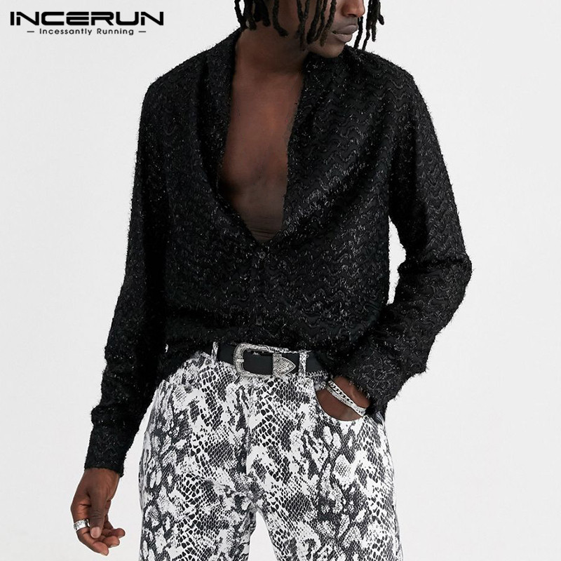 

Men' Casual Shirts INCERUN Stylish Men Dress Shirt Lapel Long Sleeve Sexy Party Button Streetwear Nightclub Solid Camisa Masculina 2021, Black shirt