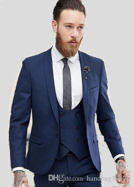 

High Quality One Button Blue Groom Tuxedos Shawl Lapel Groomsmen Best Man Mens Wedding Suits (Jacket+Pants+Vest+Tie) D:171, Same as image
