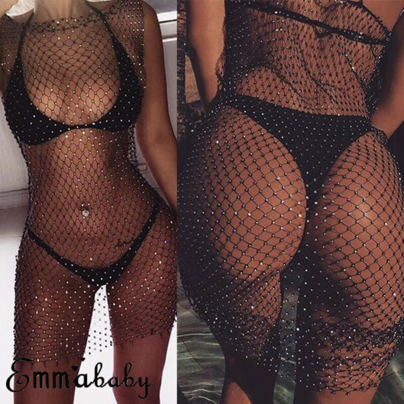 

Fashion Womens Cover Up Bikini Dress Summer Lace Fishnet Bikini Cover Up Diamond Sleeveless Swimwear Bathing Suit Beach Dress