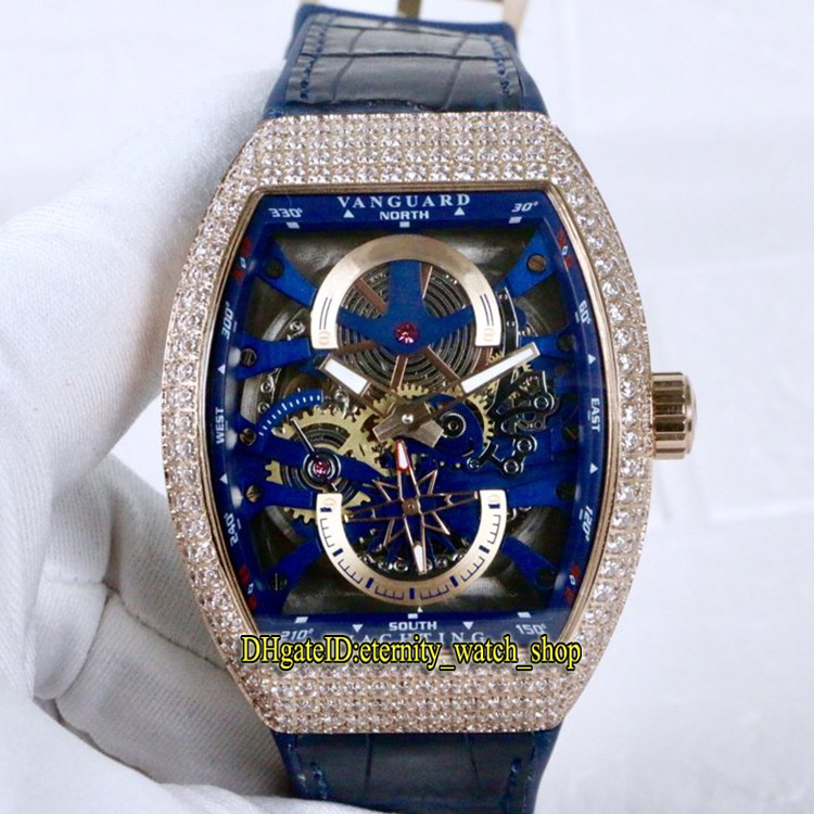 

Luxry New Saratoge Vanguard S6 Yachting V45 S6 YACHT Blue Skeleton Dial Miyota Automatic Mens Watch Rose Gold Diamond Case Leather Watches, Box