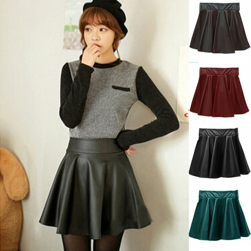 

Women Ladies High Waist Faux Leather Pleated Flared Skater Party Club Mini PU Skirt, Black