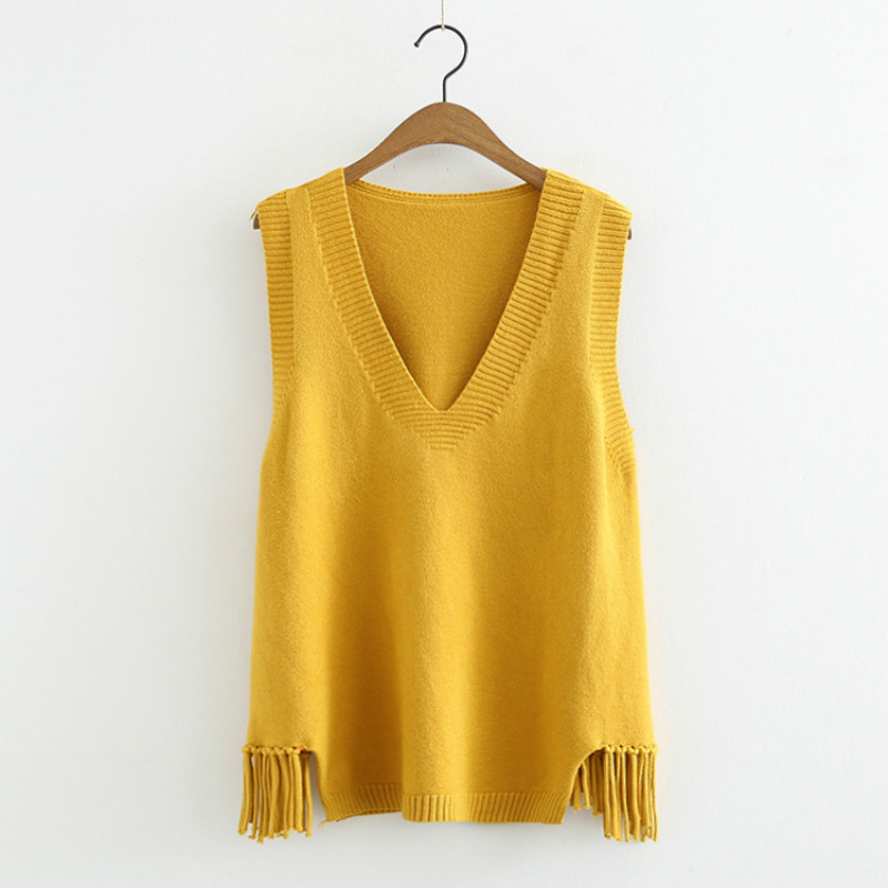 

Spring New Model Vest V-neck Tassels Loose Student Sweater All-match Knitted Short Vest Top women sweater sueter mujer, Beige