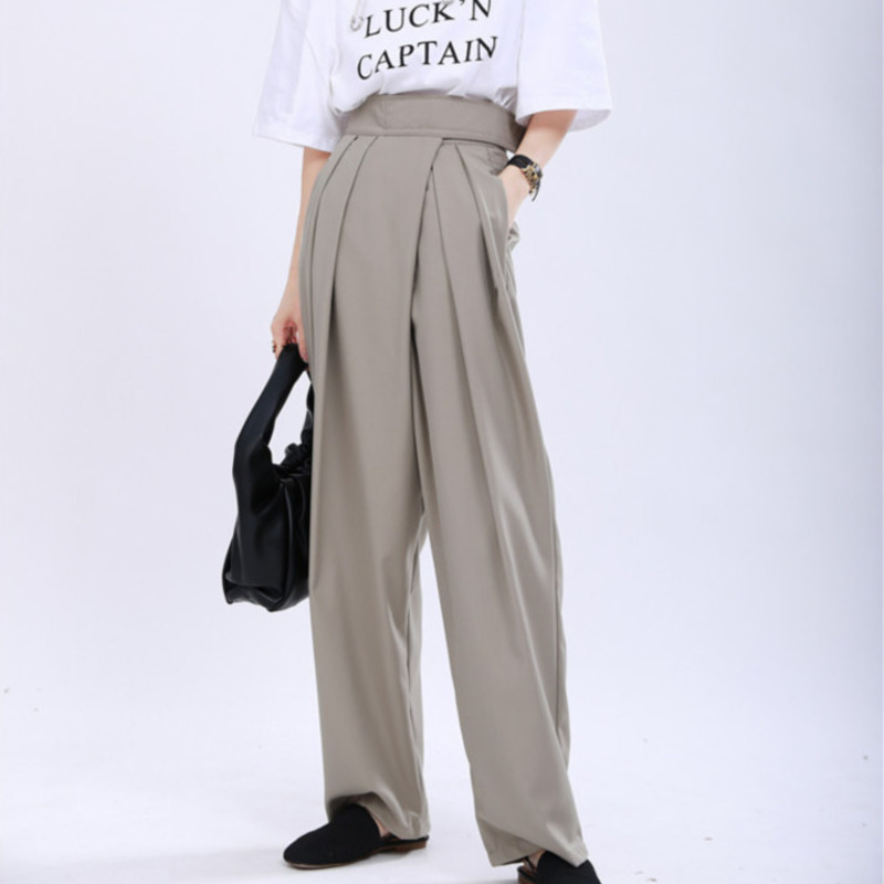 

High Waist Pleated Loose Wide Leg Pants Female 2020 Fashion Casual Ladies Flowy Trousers Adjustable, Black