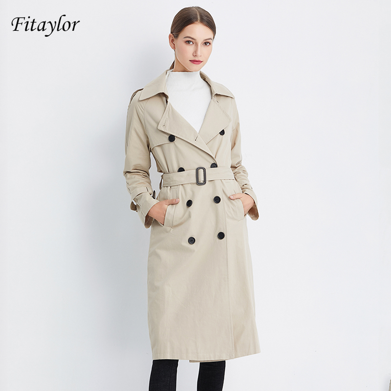

Fitaylor Autumn Women Double Breasted Long Khaki Trench Coat Casual Female Belt Slim Fit Turn Down Collar Windbreaker Outwear