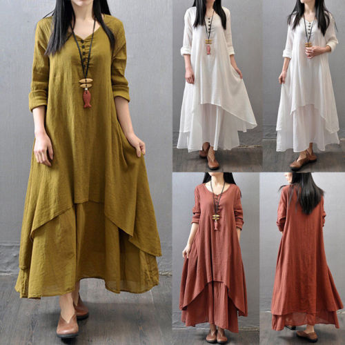 

Maxi Dress Women Peasant Ethnic Boho Cotton Linen Long Sleeve Gypsy Dresses Plus Size, Red