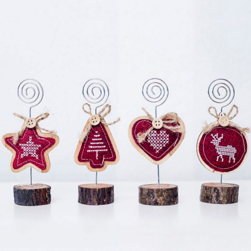 

Xmas Wrought Iron Note Clip Decoration Christmas Photo Clip with Wooden Base for Family Portraits Thank You Card Holder