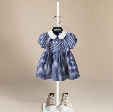 

INS Lolita Style Girl Kids Summer Clothing Dress Blue Stripped Short Sleeve Dress Pet Pan Collar Lolita girl Summer Dress, Red;yellow