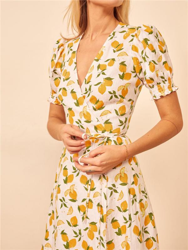 

Women Dress Spring / Summer 2020 New Dress Retro Printing V-neck Puff Sleeve Midi, Blue