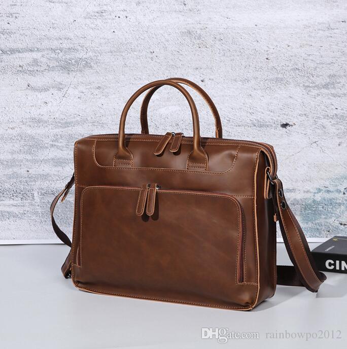 

Factory wholesale men bag leather portable briefcase retro crazy horse leatheres laptop bags cross multifunctional leathers shoulder handbag, Brown