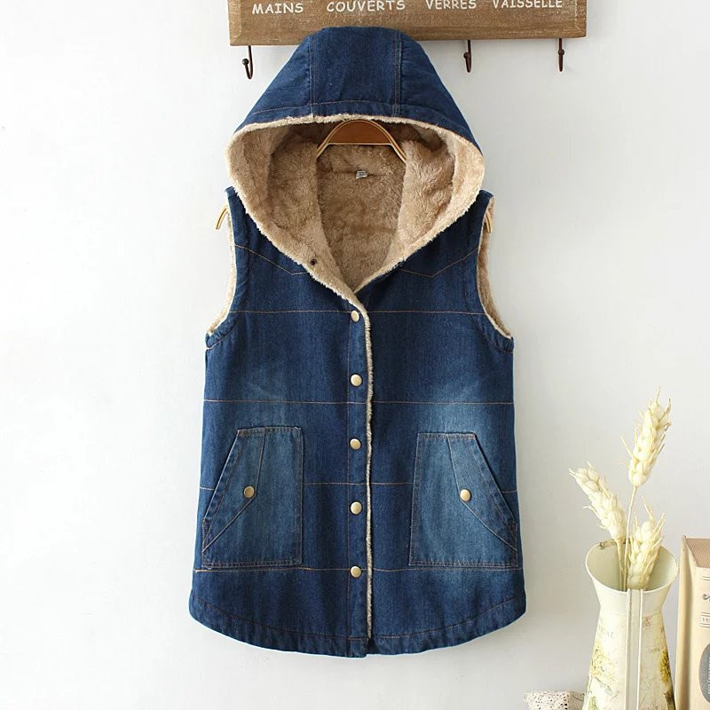 

Winter Short Denim Women' Vest 2020 Plus Velvet Casual Hooded Pocket Feminino Sleeveless Jeans Jackets Cotton Parkas Coats 1075, Blue