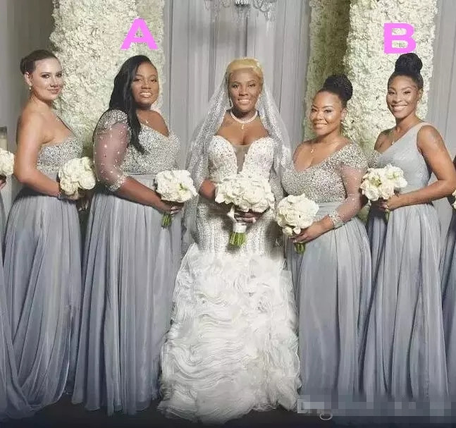 

African Plus Size Bridesmaid Dresses Long Sleeves One Shoulder maid Of Honor Dress Beaded Sequins Two Styles Wedding Party Dress